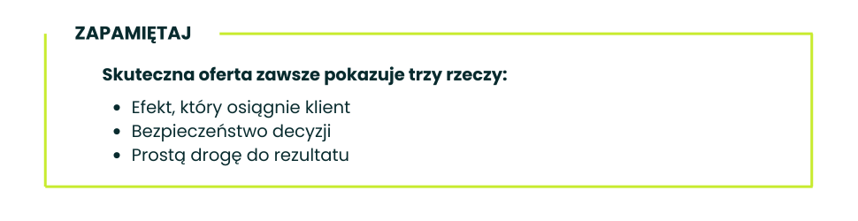 Trzy filary skutecznej oferty: efekt dla klienta, bezpieczeństwo decyzji i prosta droga do rezultatu